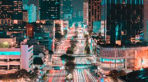 Preview wallpaper city, buildings, road, aerial view, lights, night