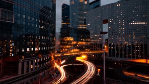 Preview wallpaper city, buildings, road, top view, cityscape