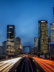 Preview wallpaper city, buildings, road, lights, long exposure