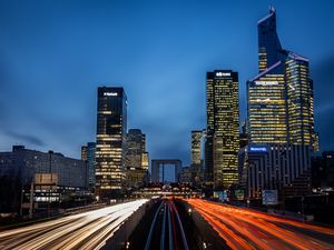 Preview wallpaper city, buildings, road, lights, long exposure