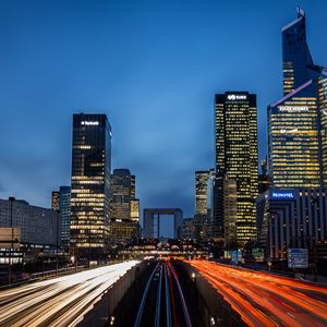 Preview wallpaper city, buildings, road, lights, long exposure