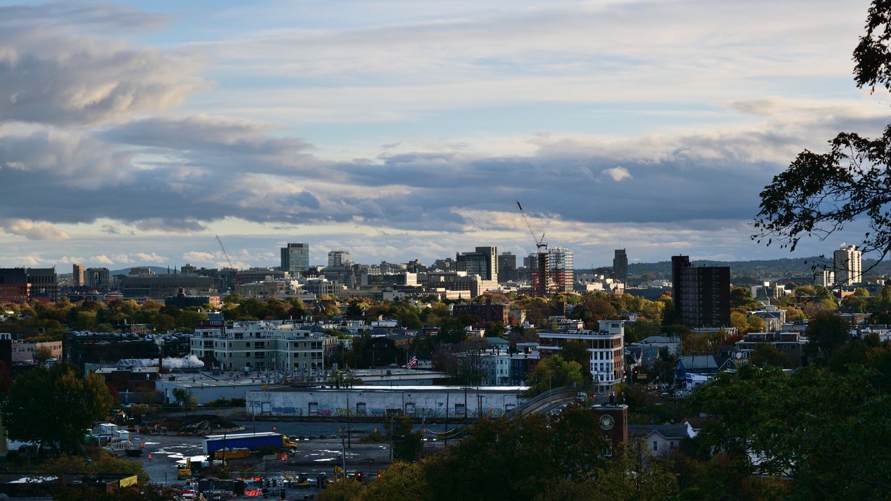 Wallpaper city, buildings, road, sky