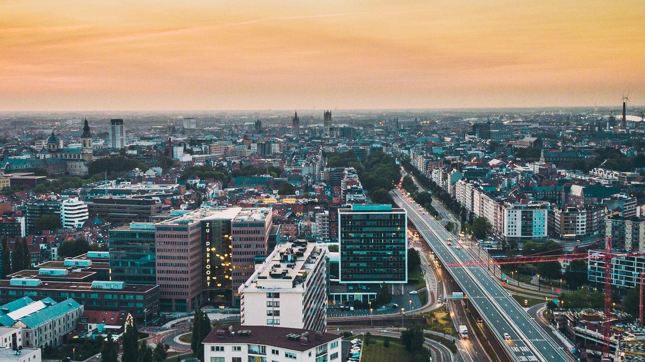 Wallpaper city, buildings, road, architecture, dusk