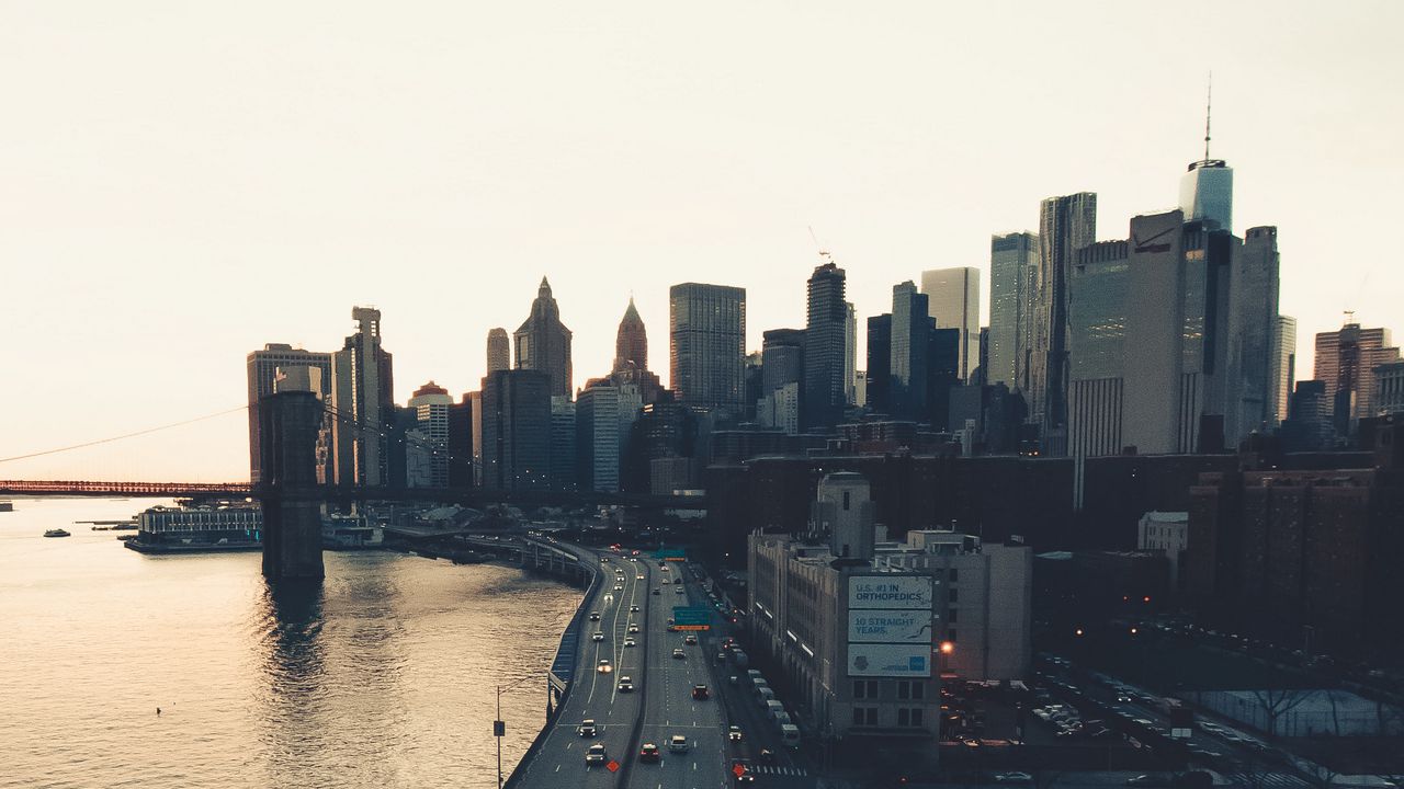 Wallpaper city, buildings, road, cars, coast