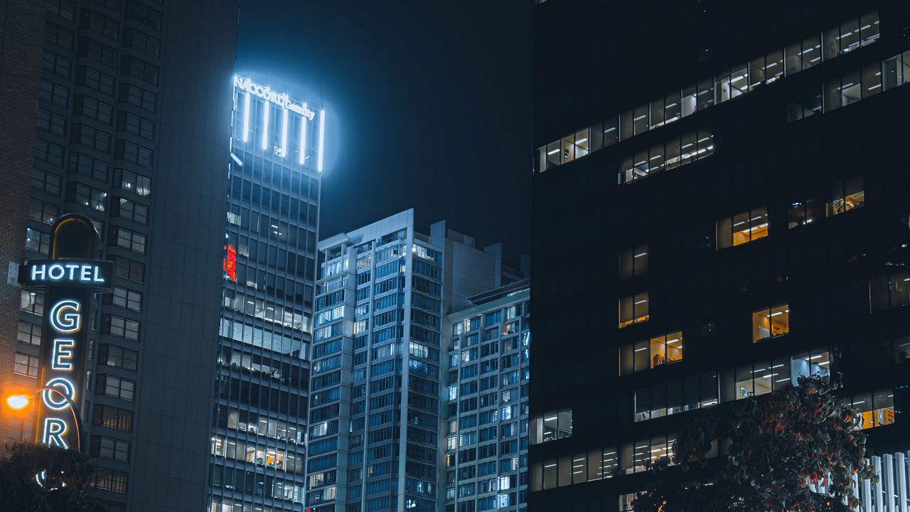 Wallpaper city, buildings, road, neon