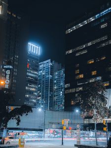 Preview wallpaper city, buildings, road, neon