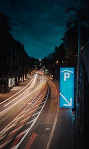 Preview wallpaper city, buildings, road, long exposure, neon