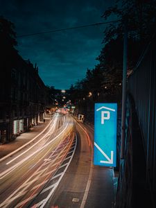 Preview wallpaper city, buildings, road, long exposure, neon