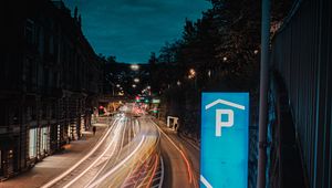 Preview wallpaper city, buildings, road, long exposure, neon