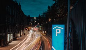 Preview wallpaper city, buildings, road, long exposure, neon