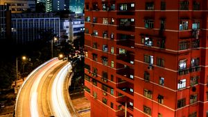 Preview wallpaper city, buildings, road, night, aerial view