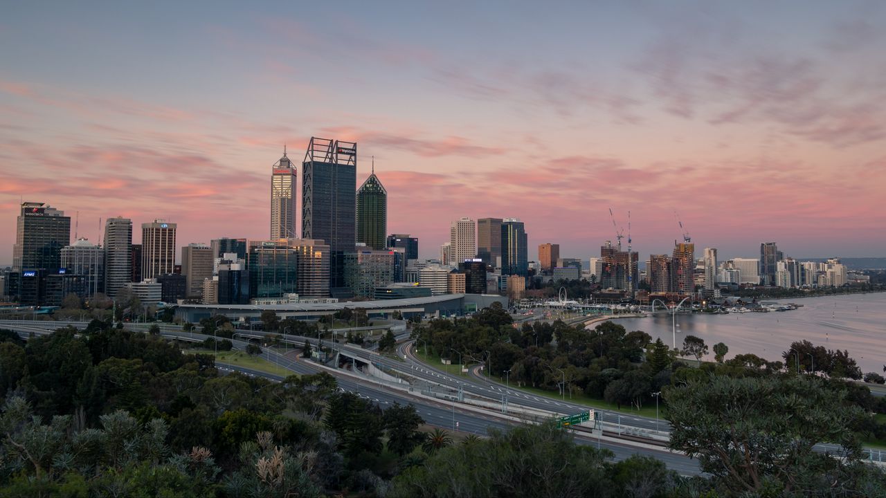 Wallpaper city, buildings, road, sunset hd, picture, image