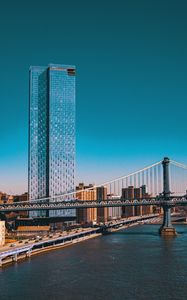 Preview wallpaper city, buildings, road, bridge, river, pier