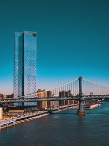 Preview wallpaper city, buildings, road, bridge, river, pier