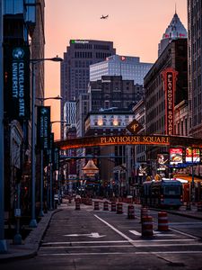 Preview wallpaper city, buildings, road, street, twilight