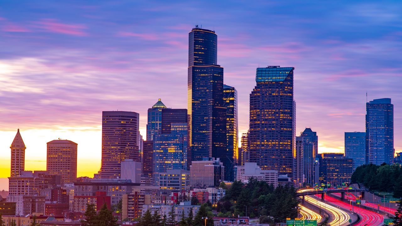 Wallpaper city, buildings, road, lights, twilight