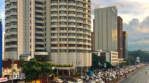 Preview wallpaper city, buildings, road, markings, cars