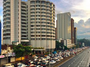 Preview wallpaper city, buildings, road, markings, cars