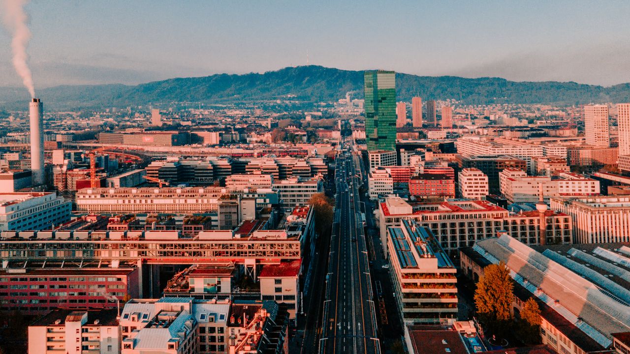 Wallpaper city, buildings, road, cityscape, aerial view