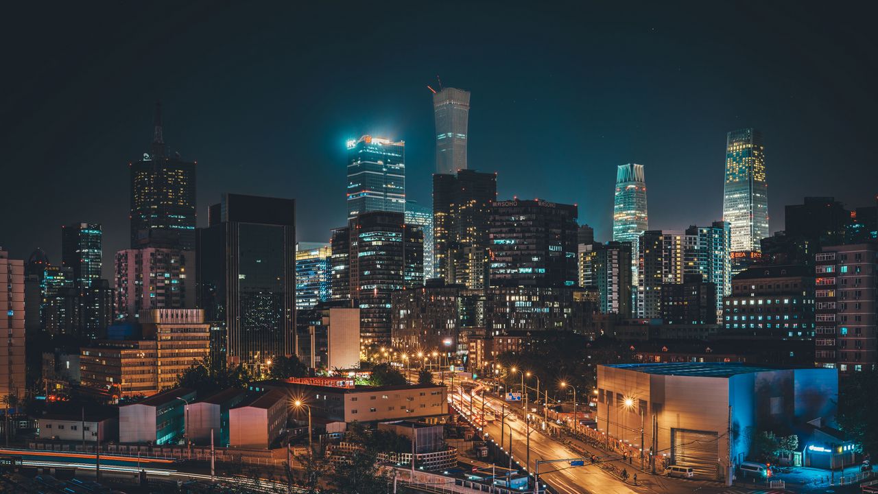 Wallpaper city, buildings, road, lights, night