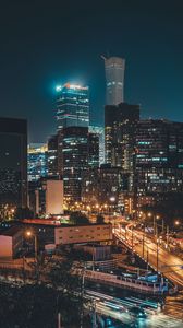 Preview wallpaper city, buildings, road, lights, night