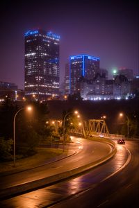 Preview wallpaper city, buildings, road, night, lights