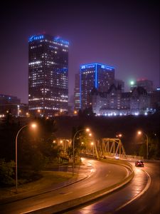 Preview wallpaper city, buildings, road, night, lights