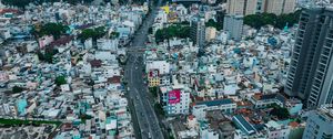 Preview wallpaper city, buildings, road, cityscape, aerial view, metropolis