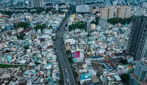 Preview wallpaper city, buildings, road, cityscape, aerial view, metropolis