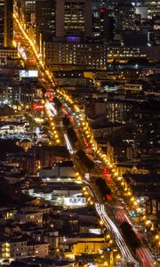 Preview wallpaper city, buildings, road, backlight, aerial view