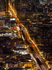 Preview wallpaper city, buildings, road, backlight, aerial view