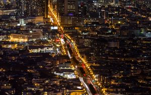 Preview wallpaper city, buildings, road, backlight, aerial view