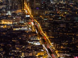 Preview wallpaper city, buildings, road, backlight, aerial view