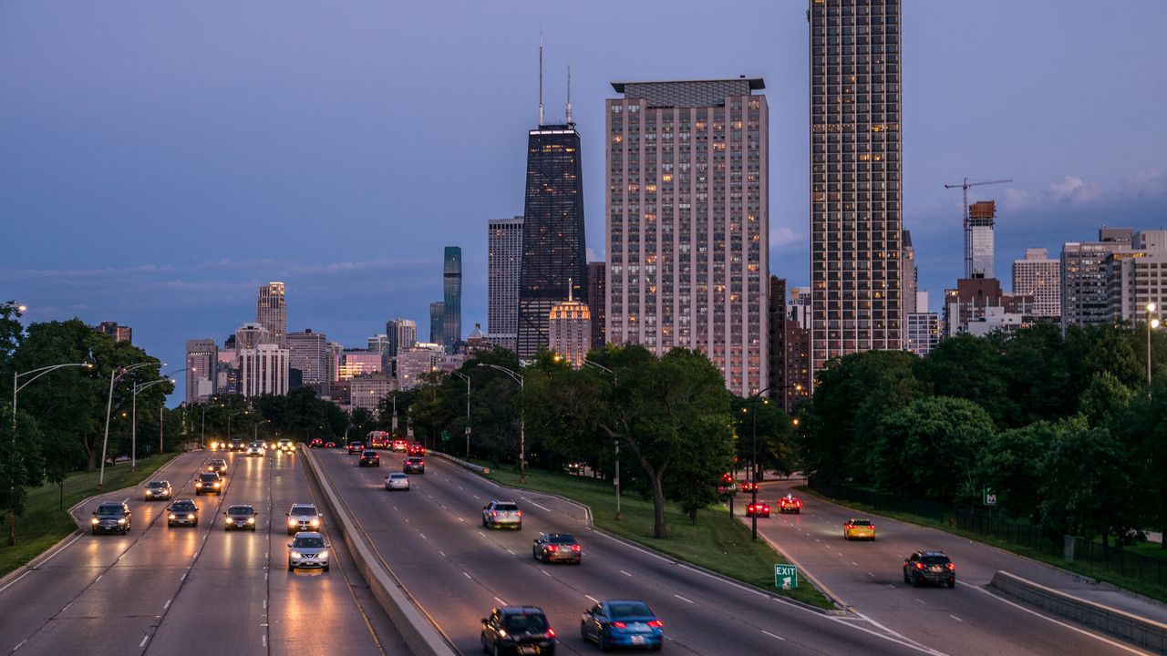 Wallpaper city, buildings, road, cars, twilight