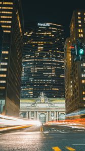 Preview wallpaper city, buildings, road, light, long exposure, night, dark