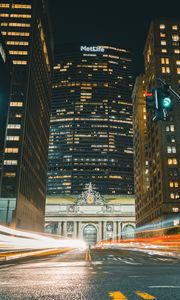 Preview wallpaper city, buildings, road, light, long exposure, night, dark