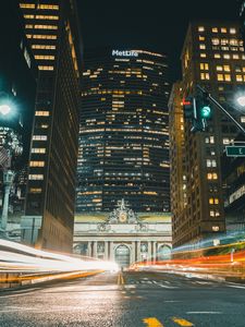 Preview wallpaper city, buildings, road, light, long exposure, night, dark