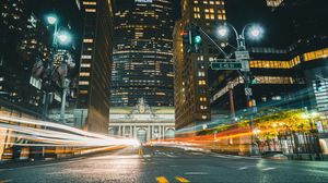 Preview wallpaper city, buildings, road, light, long exposure, night, dark