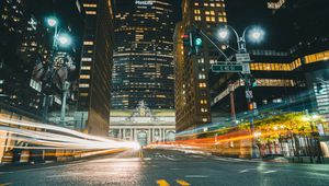 Preview wallpaper city, buildings, road, light, long exposure, night, dark