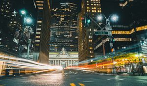 Preview wallpaper city, buildings, road, light, long exposure, night, dark