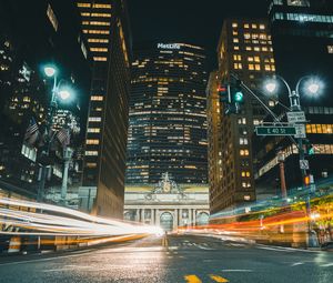 Preview wallpaper city, buildings, road, light, long exposure, night, dark