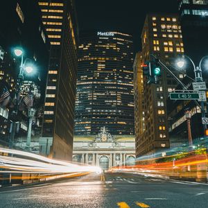 Preview wallpaper city, buildings, road, light, long exposure, night, dark