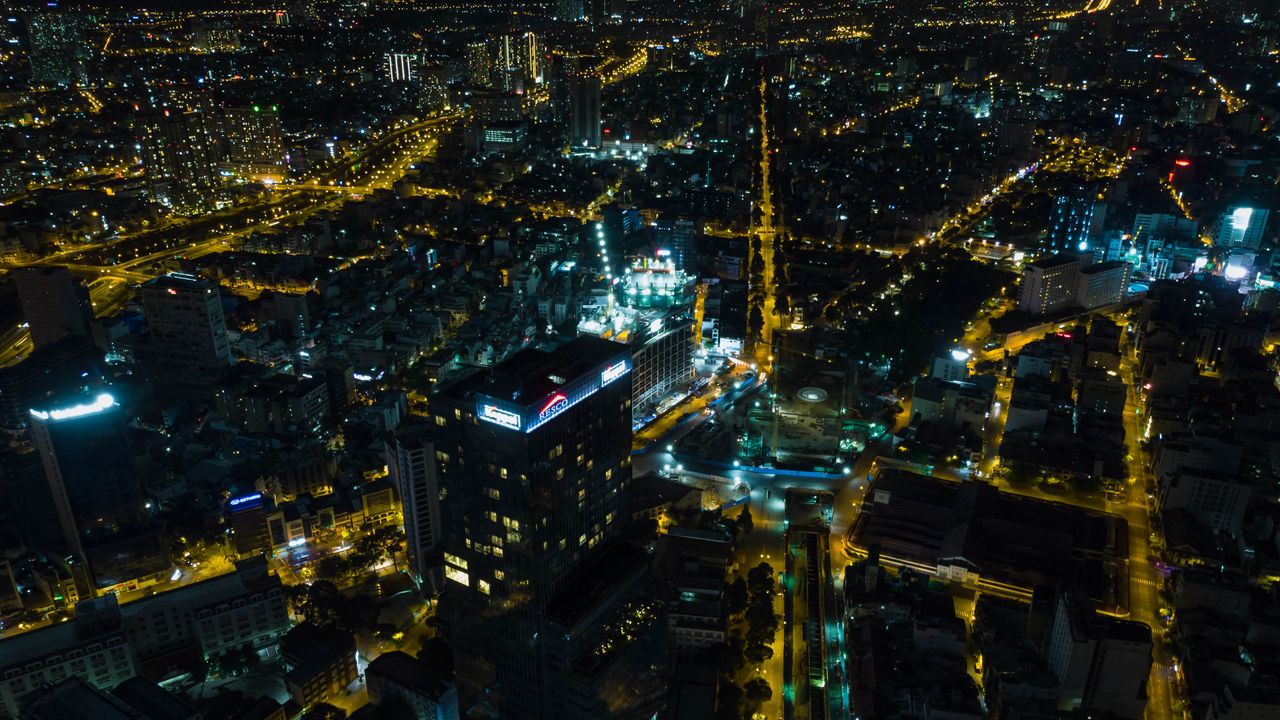 Wallpaper city, buildings, road, lights, aerial view, dark