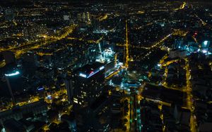 Preview wallpaper city, buildings, road, lights, aerial view, dark