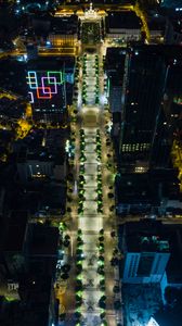 Preview wallpaper city, buildings, road, lights, aerial view, night, dark