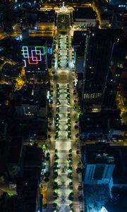 Preview wallpaper city, buildings, road, lights, aerial view, night, dark