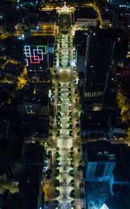 Preview wallpaper city, buildings, road, lights, aerial view, night, dark