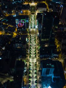 Preview wallpaper city, buildings, road, lights, aerial view, night, dark