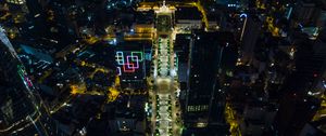 Preview wallpaper city, buildings, road, lights, aerial view, night, dark