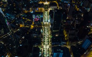 Preview wallpaper city, buildings, road, lights, aerial view, night, dark